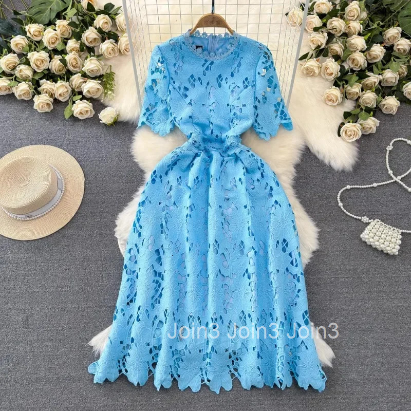 Sweet O-neck Lace Blue Dress Women Summer Slim Waist A-line Dresses Short Sleeve Mid-length Vestidos Mujer Vintage Robe Femme