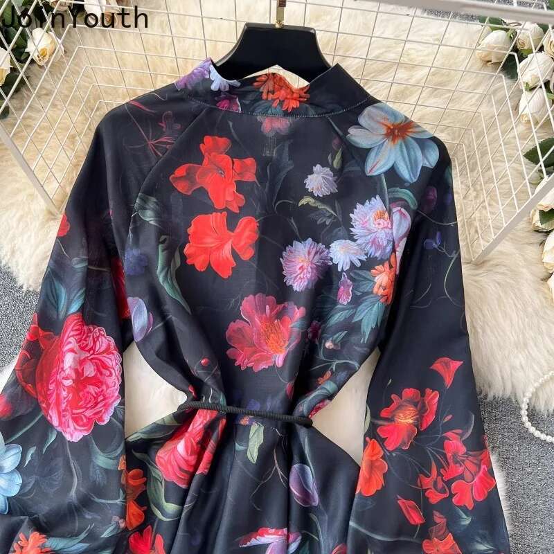 Maxi Dress Women Floral Single Breasted Big Swing Tunic Robe Femme Bandage Stand Vintage Summer Dresses 2025 Vestidos De Mujer