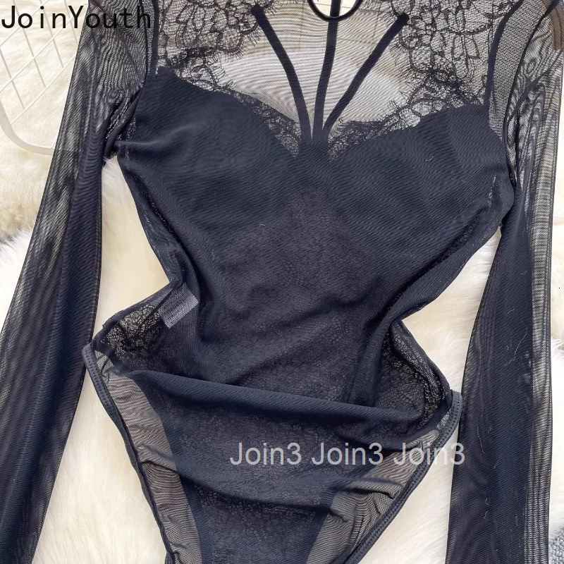 Women Patchwork Lace Sexy Bodysuit See Through Tunic Jumpsuit Hollow Out Fashion Korean Playsuit Y2k Tops Bodysuit Spring Summer