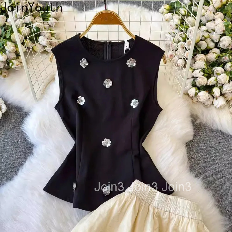 Summer Women Clothing Skirt Suit Two Piece Set 3D Floral Sleeveless Vest High Waist Loose Skirts Outfits Temperament Summer Sets