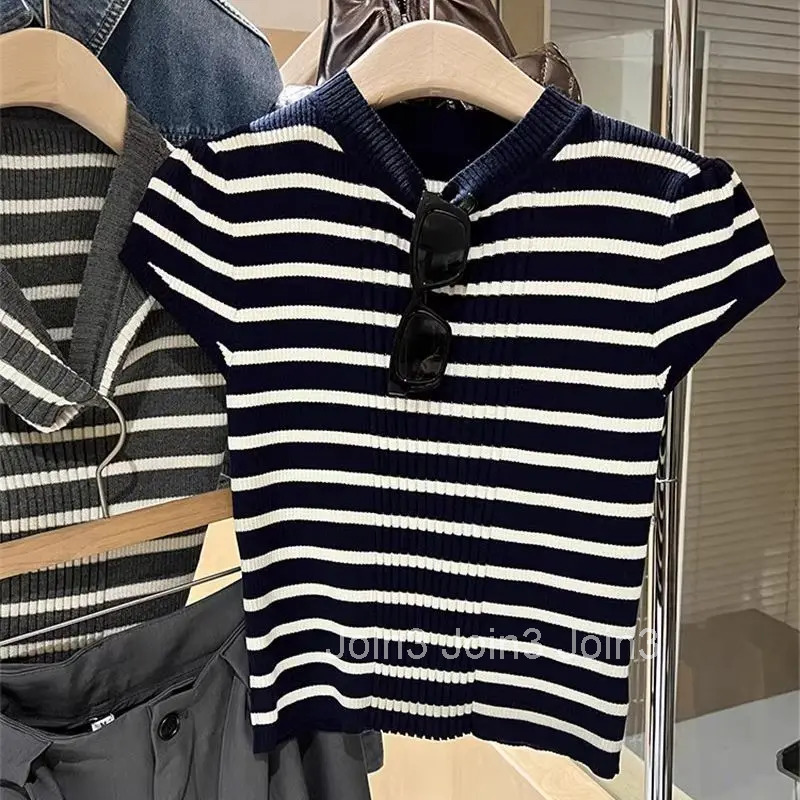 Striped Tshirts 2025 Womens Clothing O-neck Puff Sleeve Vintage Tees Fashion Summer Camisetas Slim Fit Knitting T-shirt Tops