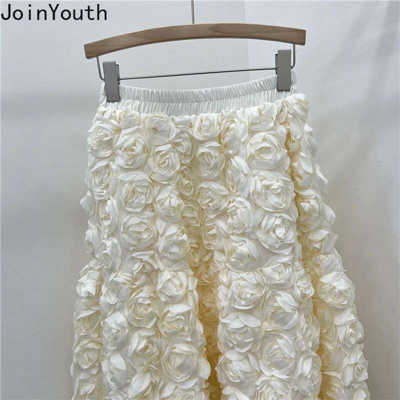 Chic 3D Floral Skirt for Women Temperament Jupe 2025 Faldas Mujer De Moda High Waist Loose Saia A-line Sweet Solid Color Skirts