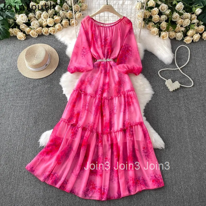 Chiffon Dress for Women Lantern Sleeve Print Summer Robe Femme Ruffles Slim Waist Big Swing Maxi Dresses 2025 Vestidos De Mujer