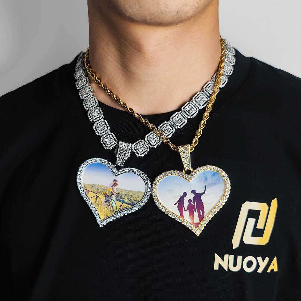 Hip Hop Jewelry Large Heart Photo Frame Pendant Trendy DIY Zircon Men's Necklace 54ee