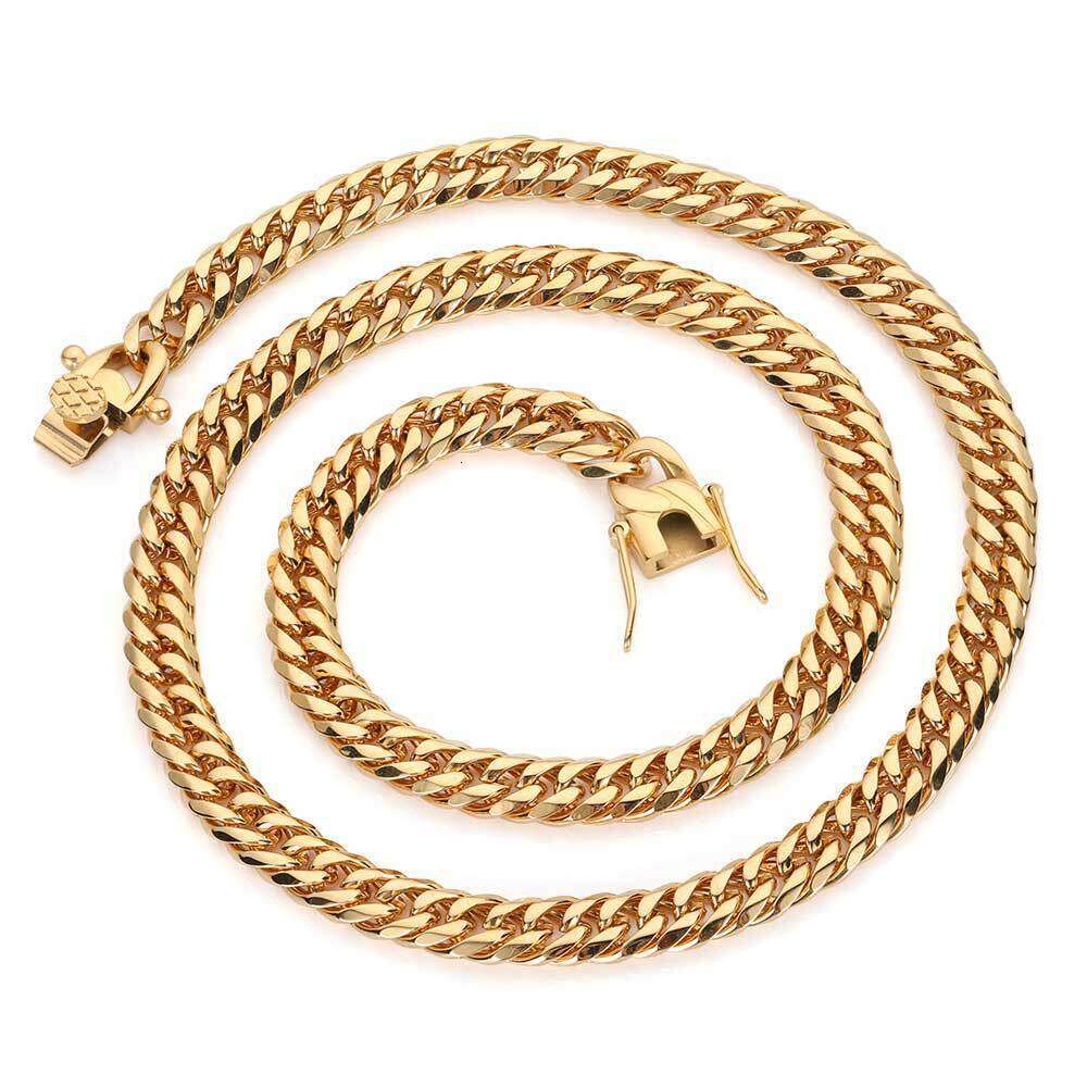 Hip Hop 7mm 9mm Stainless Double Weave Six-Sided Polished Cuban Real Gold Plated Dragon Head Clasp Titanium Steel Necklace 7f1c