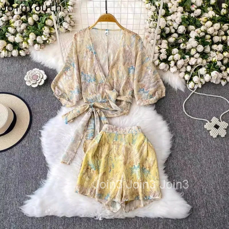 Shorts Sets Summer Womens Clothing 2 Piece Set Deep V-neck Bandage Loose Shirt High Waist Wide Leg Shorts Outfits Floral Suit