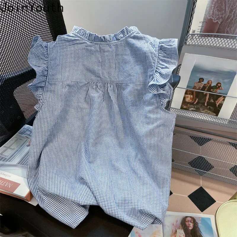 Summer Women Shirts Vintage Flying Sleeve Ruffles Sweet Blouse 2025 Blusas Mujer De Moda Folds Korean Tops Loose Plaid Blouses