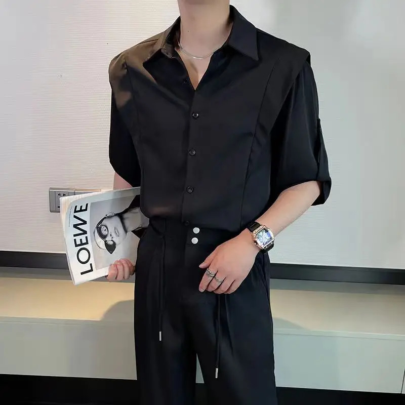 Summer Ice Silk Mens Suits Casual Short Sleeve Shirt And Pants Two-piece Set Ruffled Handsome Draped Korean Style Loose Set 250619