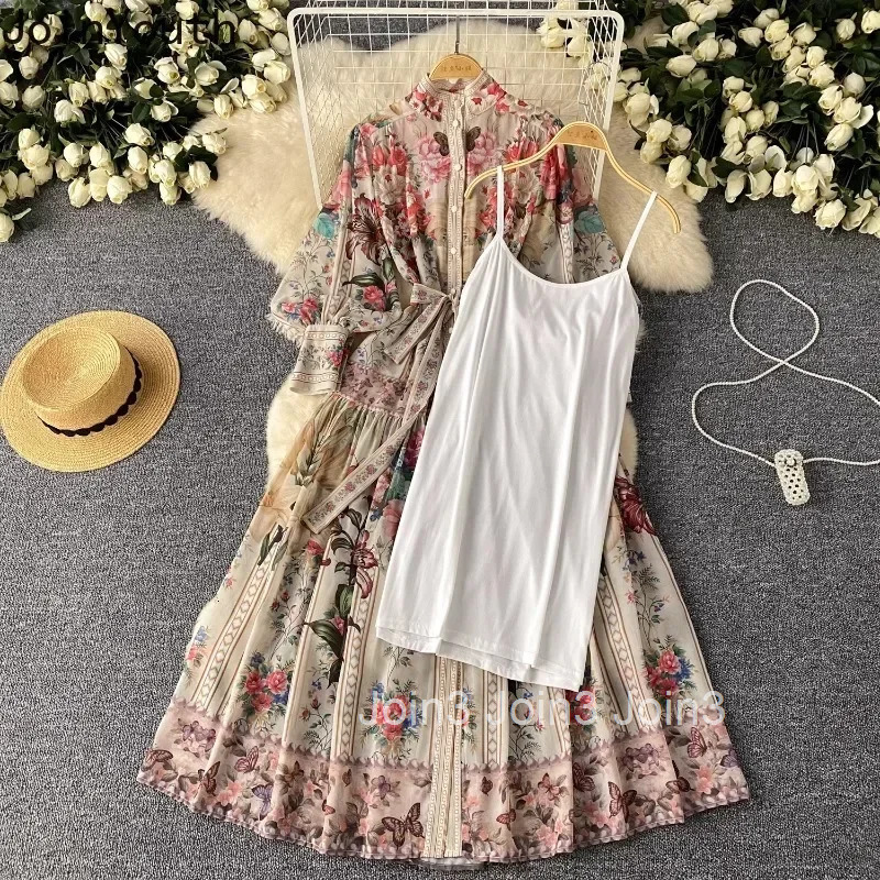 Temperament Robe Femme Vintage Long Dress Floral Big Swing Dresses Bandage Lantern Sleeve Maxi Dress Women Party Vestido