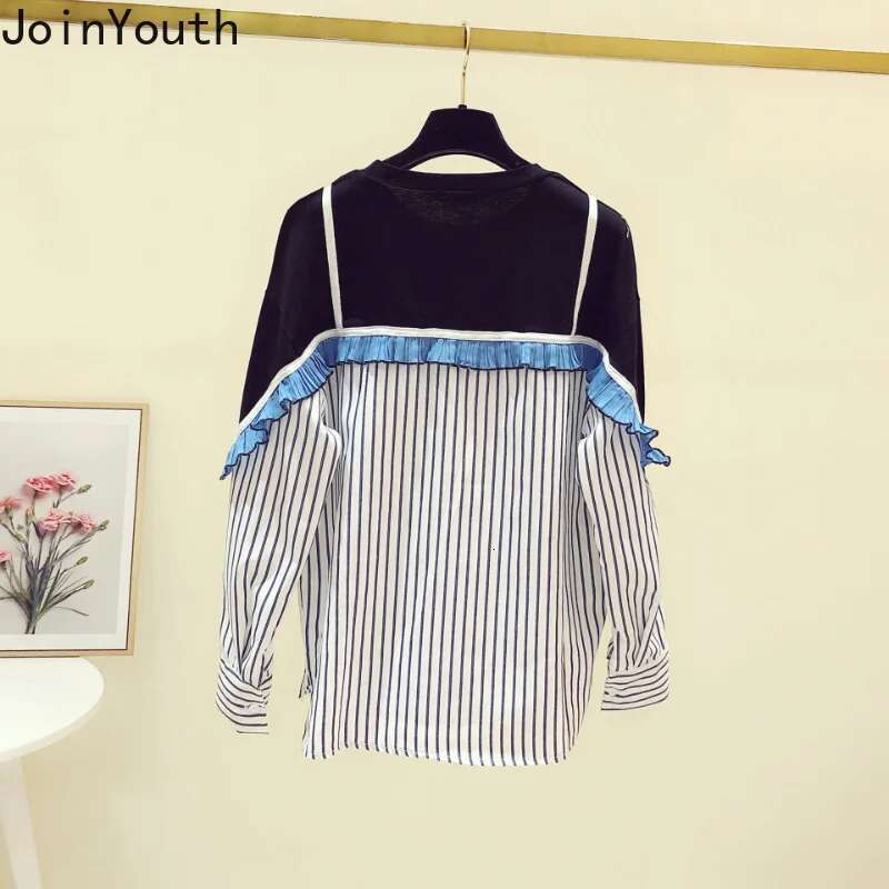 Korean Women Shirts 2025 Blusas Mujer De Moda Patchwork Striped Casual Blouses Fashion Fake Two Loose Ruffles Blouse Tops Femme