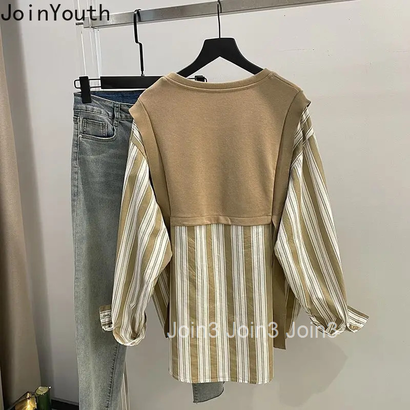 Oversized Blouses Women Clothing Patchwork Striped Shirts Chic Fake Two Fashion Casual Blouse Tosp 2025 Blusas Mujer De Moda