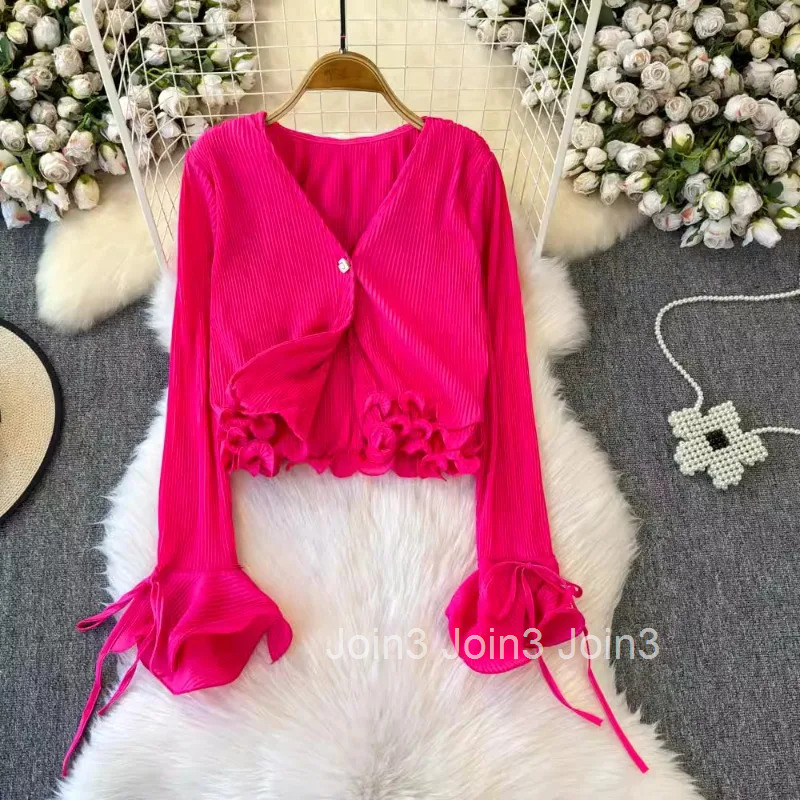 2025 Camisas De Mujer Solid Color Blouse for Womens V-neck Folds Flare Sleeve Shirts Crop Tops Tunic Ruffles Summer Blouses