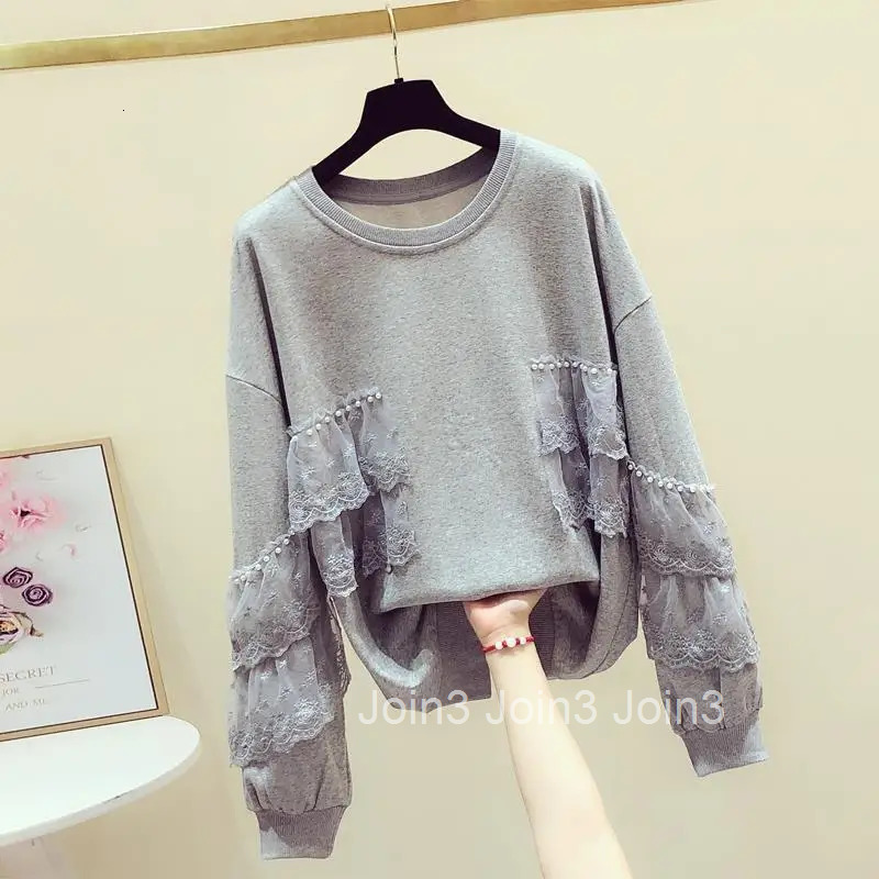 Cotton Hoodie Women Clothing 2025 O-neck Patchwork Beading Lace Oversized Tops Ropa Mujer Casual Fashion Y2k Sweatshirts 27s883