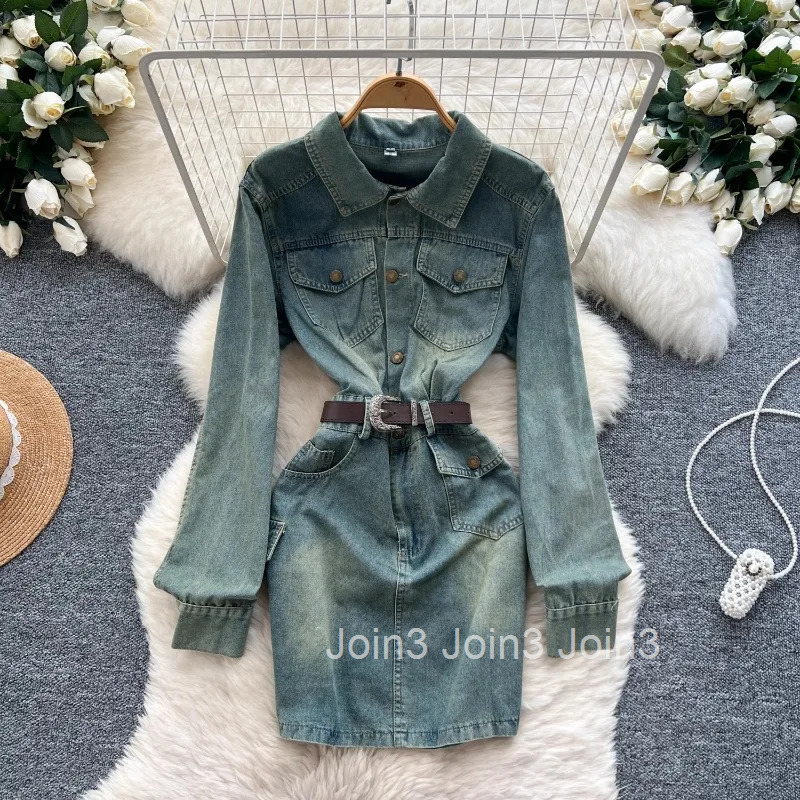 Denim Dresses Women Clothing Slim Waist Long Sleeve Casual Robe Femme 2025 Vestidos De Mujer Fashion Korean Bodycon Y2k Dress