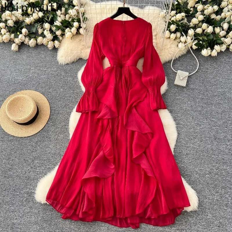 Korean Maxi Dress Women High Waist Vintage Vestidos De Mujer Elegant Heavy Diamonds Dresses V Neck Slim Waist Ruffles Robe Femme