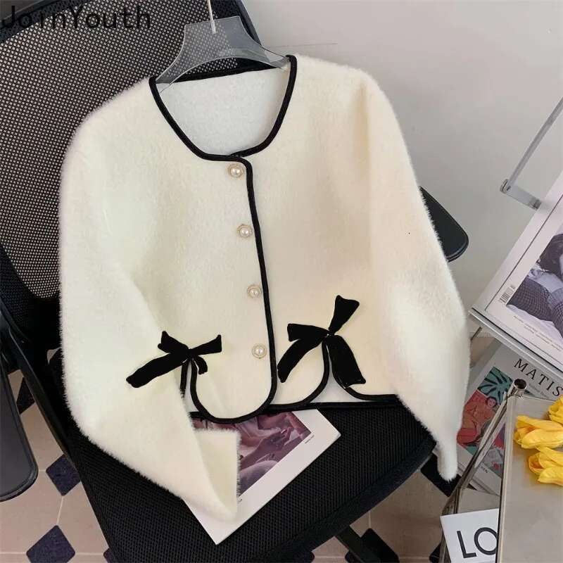 Knitwear Women Cardigan Coat O-neck Long Sleeve Sweet Bow Sueter Mujer Fashion Korean Pull Femme Temperament Cropped Sweater