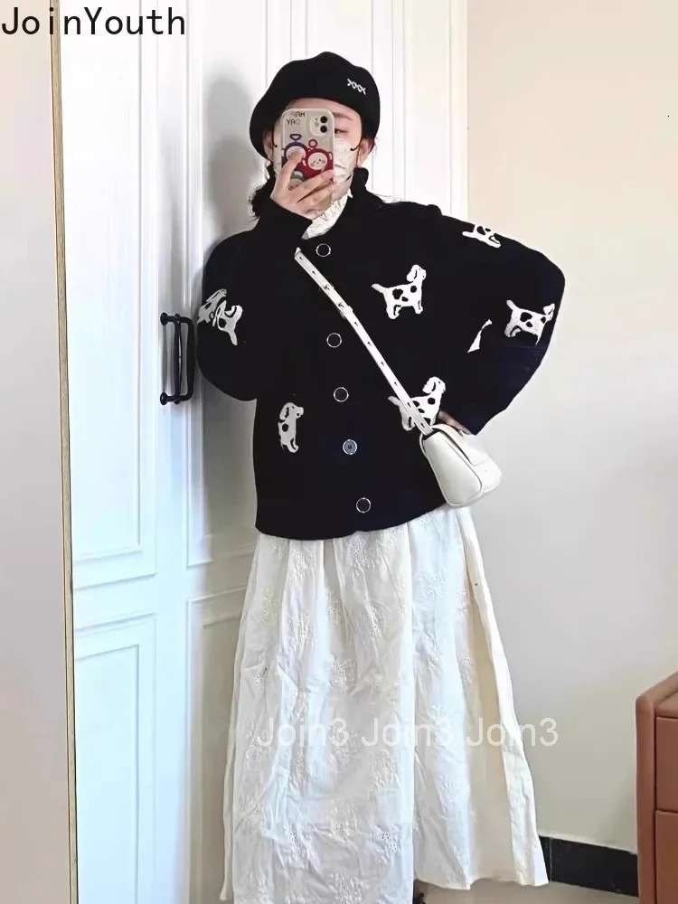 Dog Black Cardigan Women Winter Clothing Sueter Mujer O-neck Fashion Thicked Knitting Sweater Jackets Vintage Korean Pull Femme