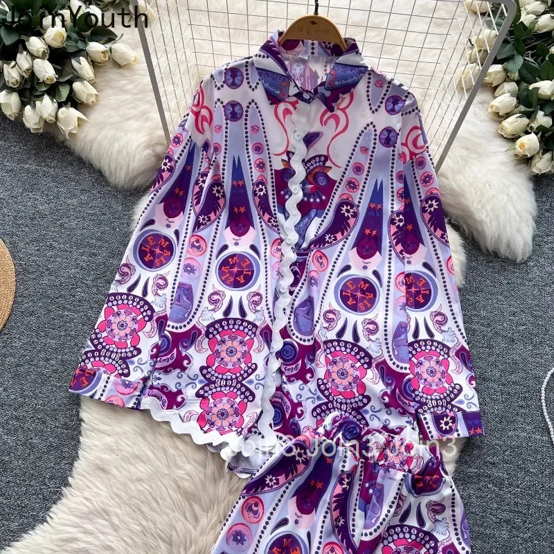 Women Clothes Pants Outfits 2 Piece Sets Roupas Femme Long Sleeve Loose Blouses High Waist Wide Leg Pants Suit Summer Floral Set
