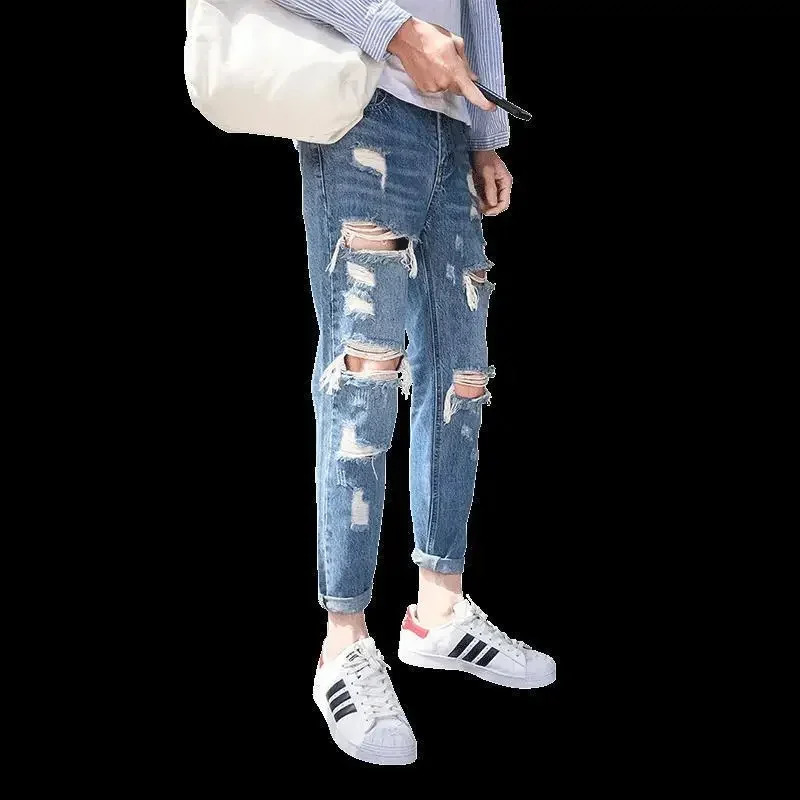 Man Cowboy Pants Broken Trousers Torn Mens Jeans Cropped With Holes Light Blue Ripped Retro Xs In Wide Leg Casual 250616