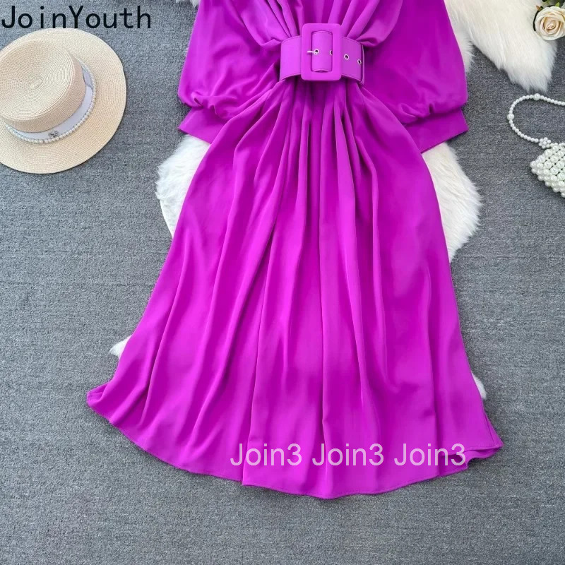 Korean Fashion Vintage O-neck Dress for Women Summer New Slim Waist A-line Tunic Dresses Y2k Long Sleeve Loose Vestidos Mujer