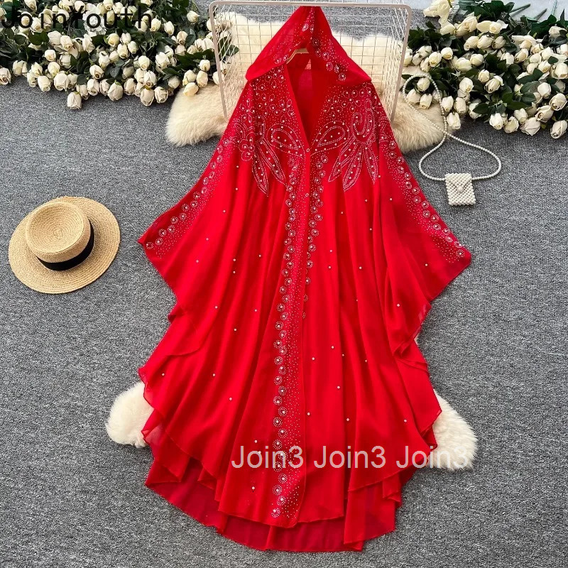 Women Clothing Elegant Maxi Dresses 2025 Vestidos De Mujer Fashion Gauze Irregular Dress Heavy Beading Hooded Loose Robe Femme