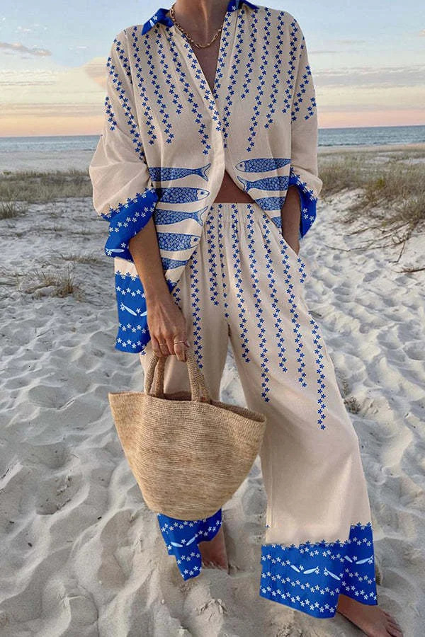 Summer Printed Long Sleeve Shirt Wide Leg Pants 2Piece Outfits Female Beach Holiday Sets 2025 Fashion Women Two Piece Set 250617