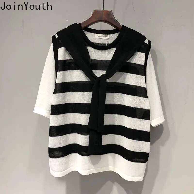 Summer Women Clothes Knit T Shirts Bandage Short Sleeve Fake Two Tees 2025 Ropa Mujer Oversized T-shirt Casual Striped Camisetas