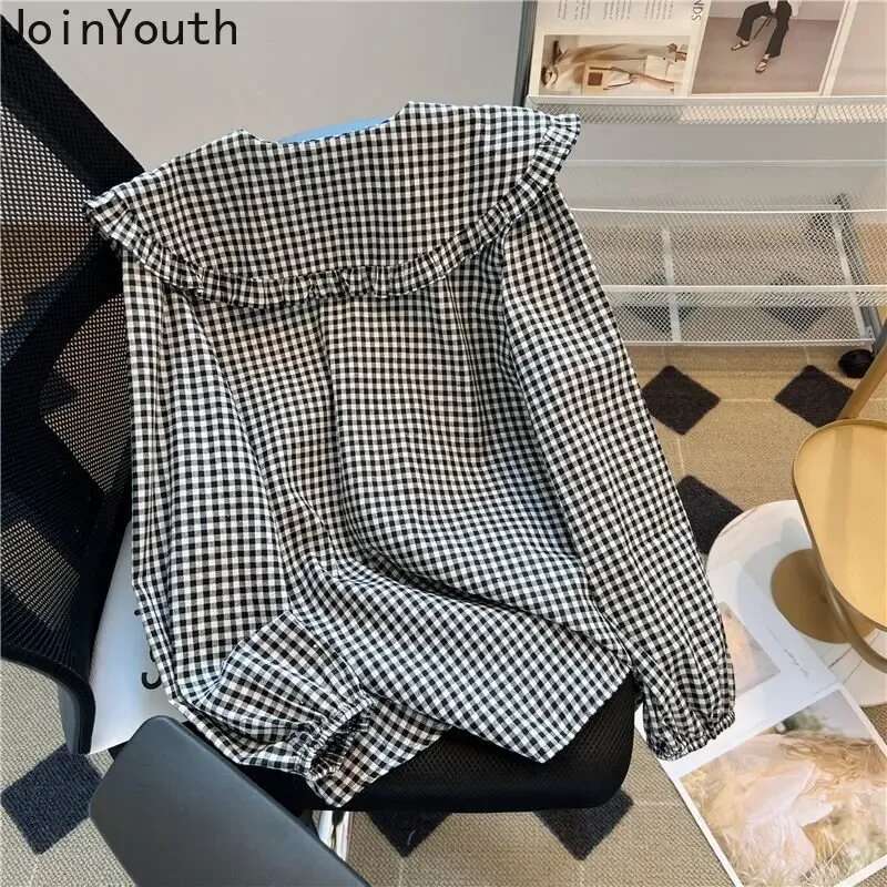 Chic Plaid Blouse Women Preppy Style Peter Pan Collar Sweet Shirts Loose Vintage Ruffles Cute Camisas De Mujer Oversized Tops