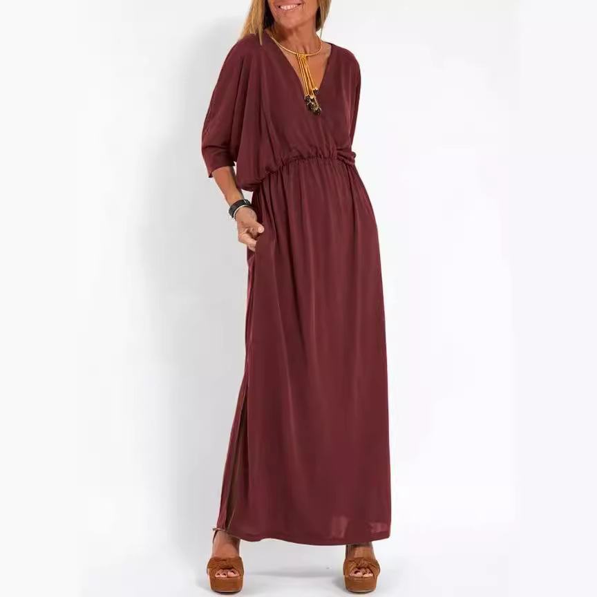 L624European and American cross-border summer new fashion solid color high waist slit V neck dress