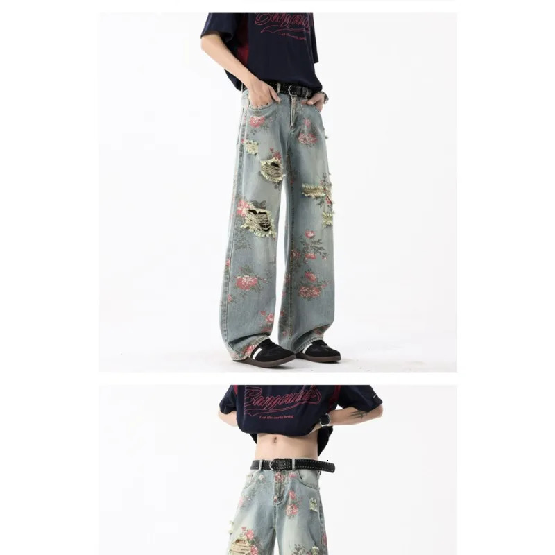 American high street ripped jeans mens summer floral sense beggar straight-leg pants high-end slim wide-leg pants 250618