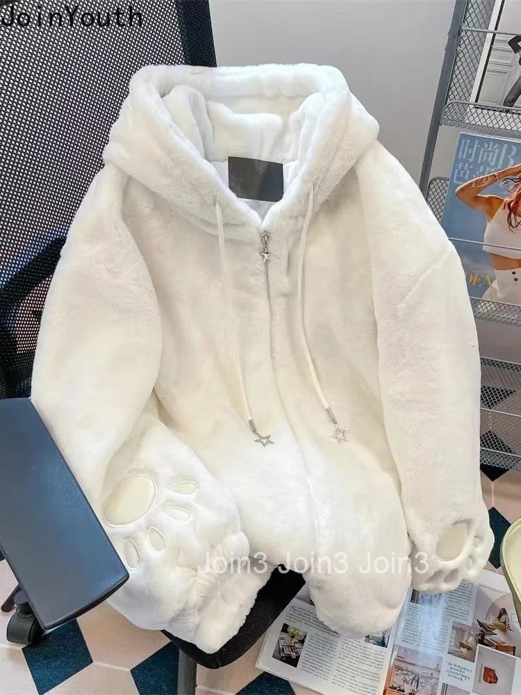 Winter Women Clothing Japanese Cute Jackets Hooded Rabbit Ear Zipper Thicked Warm Outwear Y2k Tops Fashion Sweet Furry Coats