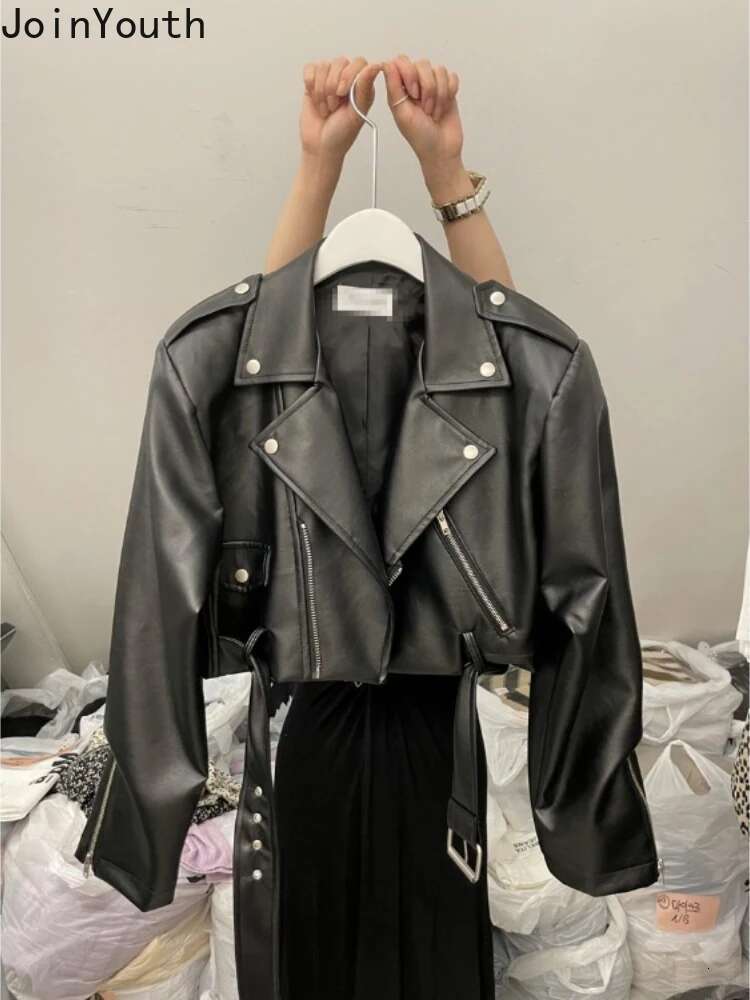 Korean Fashion Leather Jacket Womens Clothing Turndown Collar Zipper PU Crop Coat 2025 Ropa Mujer Streetwear Harajuku Y2k Tops