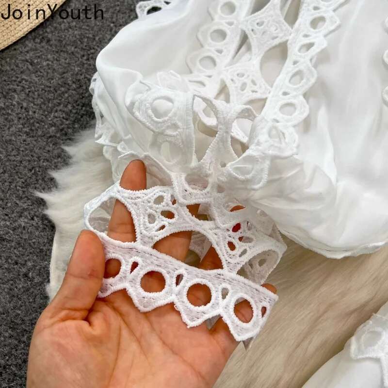 Skirt Outfits Women Clothes Two Piece Sets Lantern Sleeve Stand Neck Shirt High Waist A-line Suit Hollow Out Lace Chic White Set