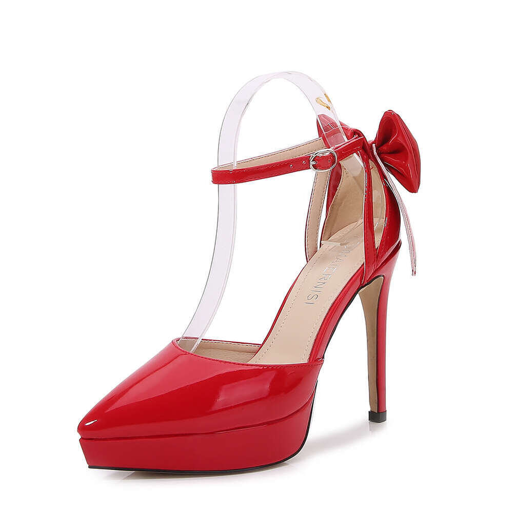 2023 Spring Summer New High Heels Thin Heel Versatile Bowknot Strap Pointed Toe Shallow Mouth Single Women's Wedding Shoes