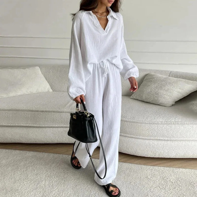 Loose Top Two Piece Set Women White Long Sleeve Tops Lace Up Wide Leg Pant Sets Female Turndown Collar Lady Suit Traf Women 250617