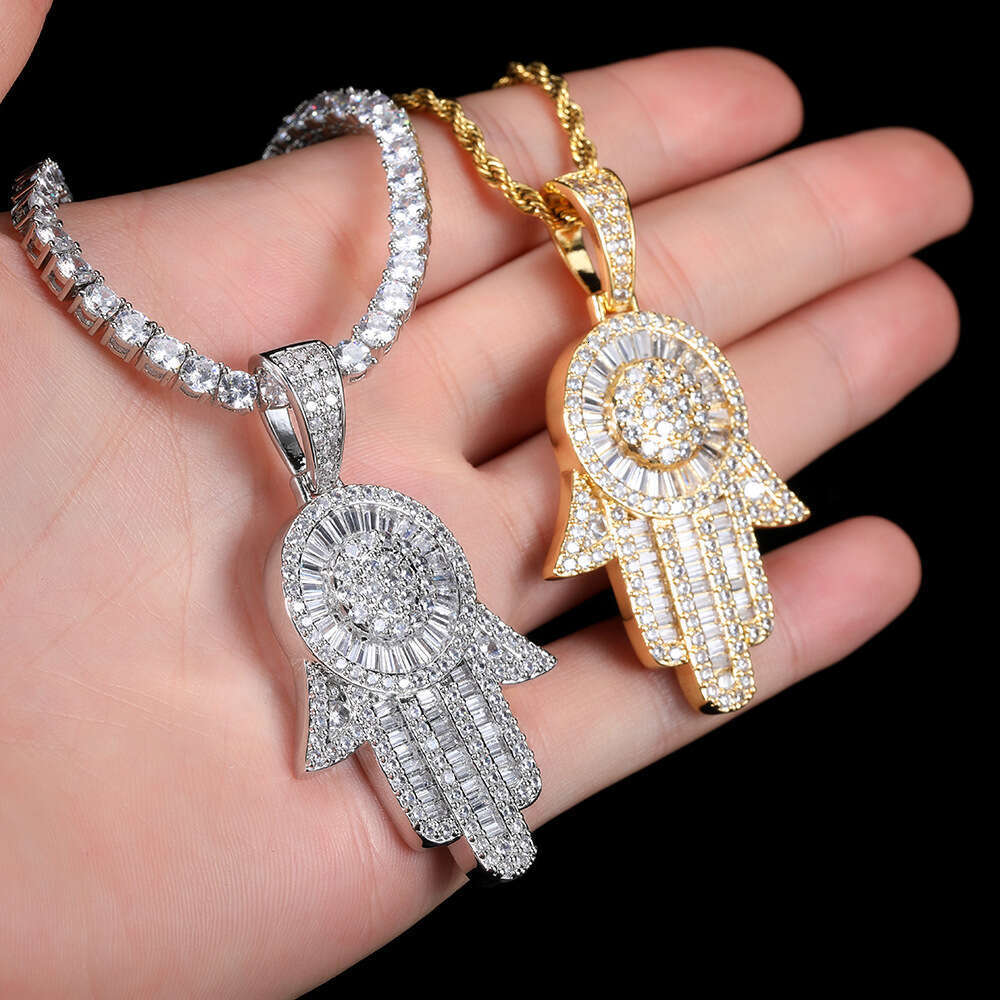 Micro Paved Zircon Large Palm Real Gold Plated Fatima Hand Hip Hop Pendant cb97