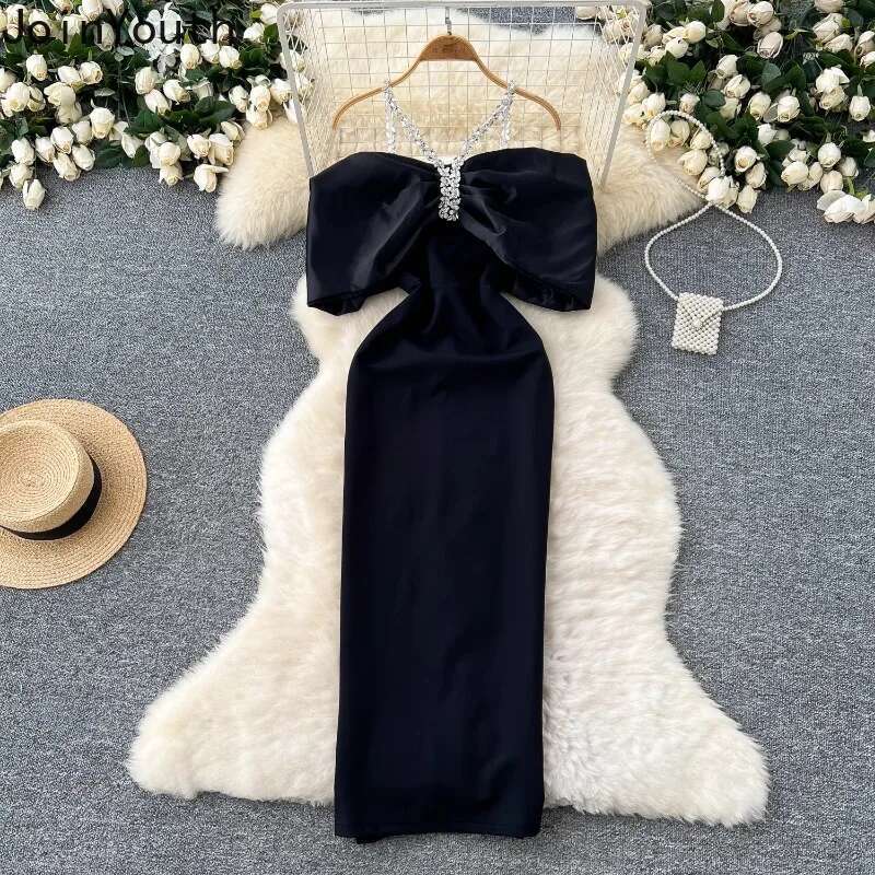 Sexy Party Dresses Women Korean Temperament Robe Femme Slash Neck Diamond Tunic Bow Bodycon Maxi Dress 2025 Vestidos De Mujer