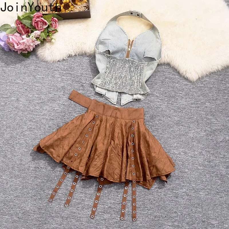 Skirt Suit Women Clothes Two Piece Sets Rivet V-neck Denim Crop Tops Irregular A-line Mini Skirts Outfits Summer Sexy Y2k Set