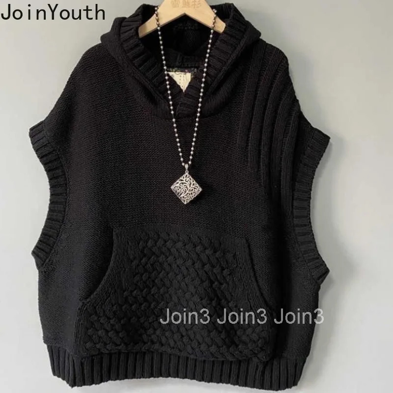 2025 Women Clothing Knitting Sweater Vest Hooded Casual Fashion Waistcoat Solid Color Casual Oversized Tops Korean Tanks Tops