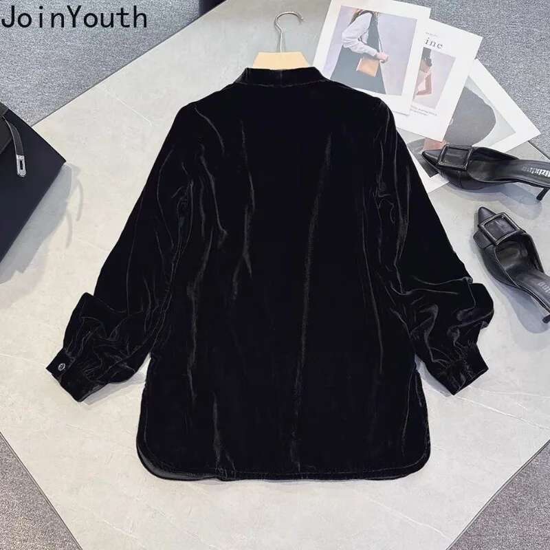 2025 Ropa Mujer Oversized Blouses Womens Clothing Vintage Velvet Shirts Camisas De Mujer Temperament Black Tunic Blouse Tops