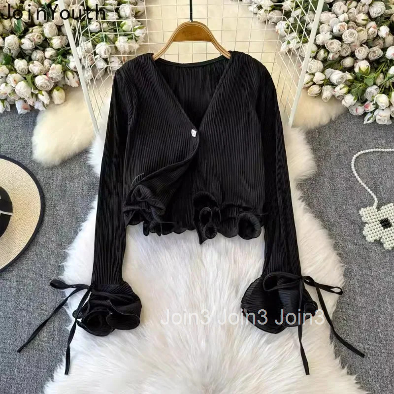 2025 Camisas De Mujer Solid Color Blouse for Womens V-neck Folds Flare Sleeve Shirts Crop Tops Tunic Ruffles Summer Blouses