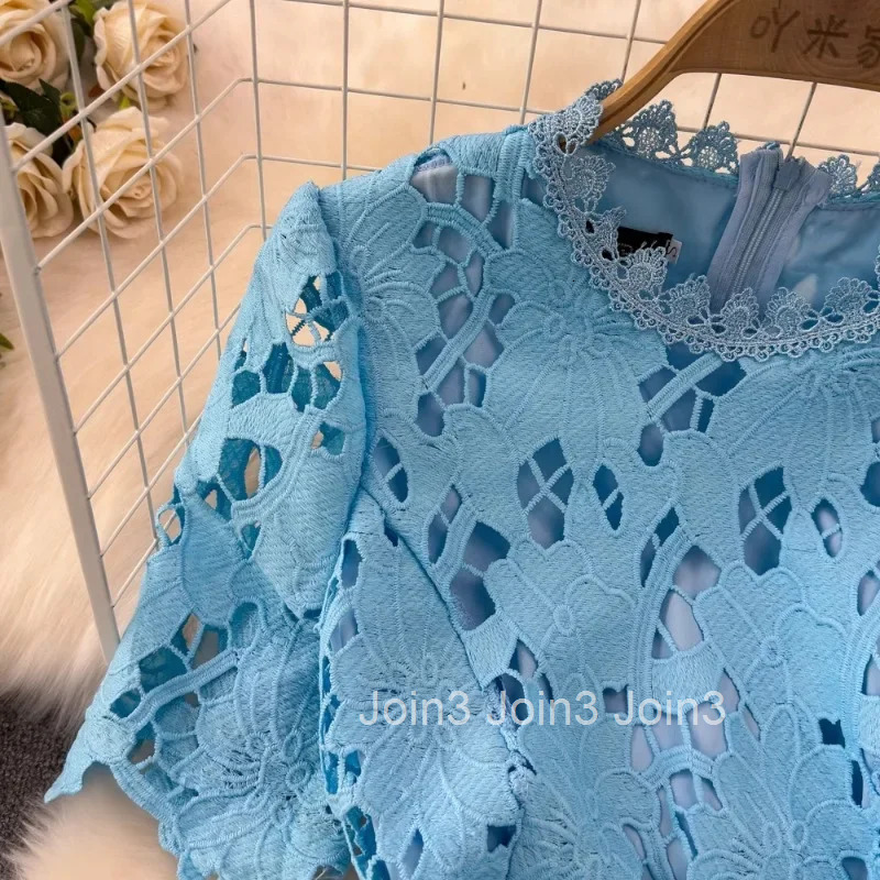 Sweet O-neck Lace Blue Dress Women Summer Slim Waist A-line Dresses Short Sleeve Mid-length Vestidos Mujer Vintage Robe Femme