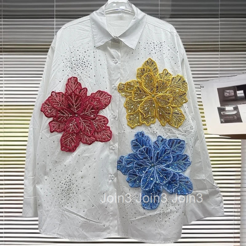 2025 Camisas De Mujer Korean Blouses Womens Clothing Long Sleeve White Diamond Shirts Sweet 3D Floral Loose Casual Blouse Tops