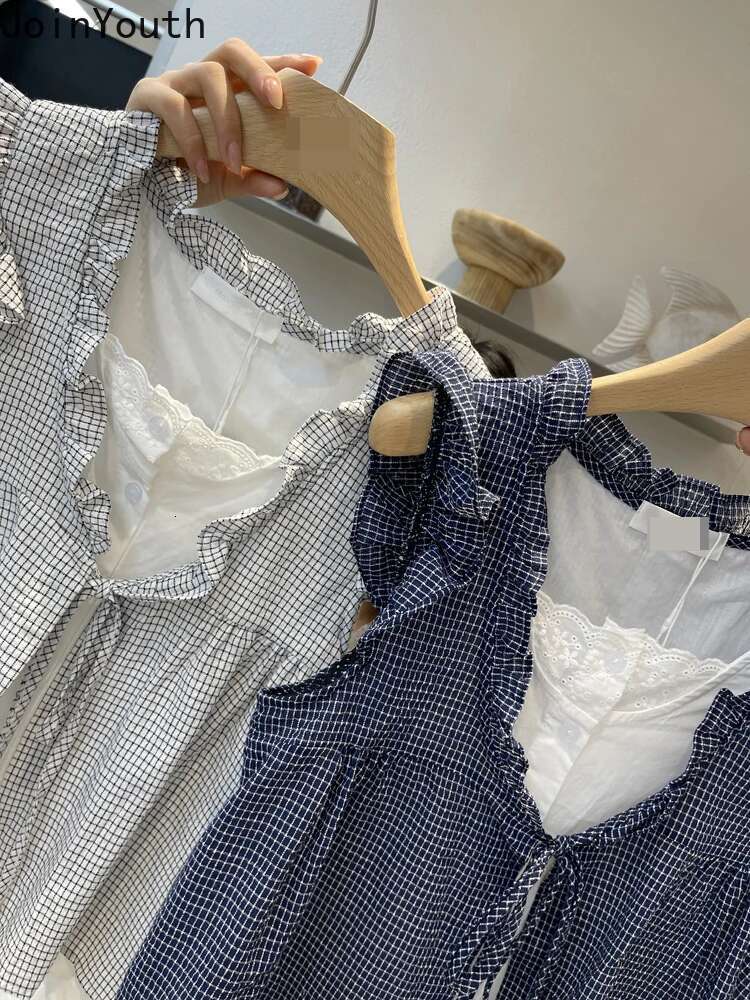 Fake Two Blouses for Women 2025 Blusas Mujer De Moda Contrast Color Plaid Sleeveless Ruffles Shirts Loose Summer Vintage Tops