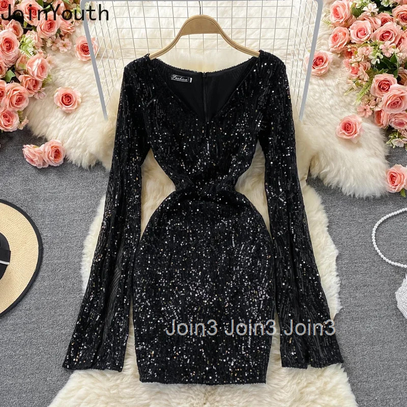 2025 Vestidos De Mujer Sexy Bodycon Dress for Women V-neck Long Sleeve Tunic Temperament Robe Femme Sequin Fashion Mini Dresses