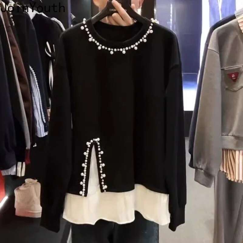Fake Two Hoodeis 2025 Women Clothes Heavy Beading O-neck Patchwork Y2k Tops Ropa Mujer Contrast Color Fashion Casual Sweatshirts