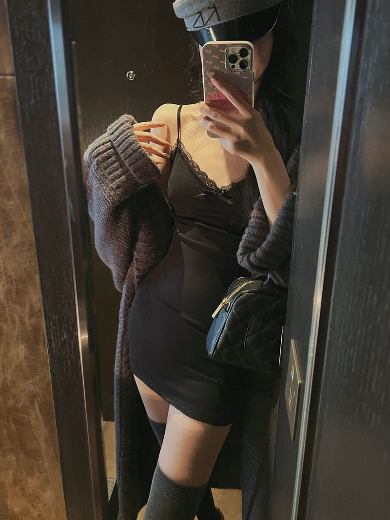 H12081 Minimalist Temperament Lace Edge Suspender Hip-wrapped Short Skirt Women's Sleeveless Tight Dress