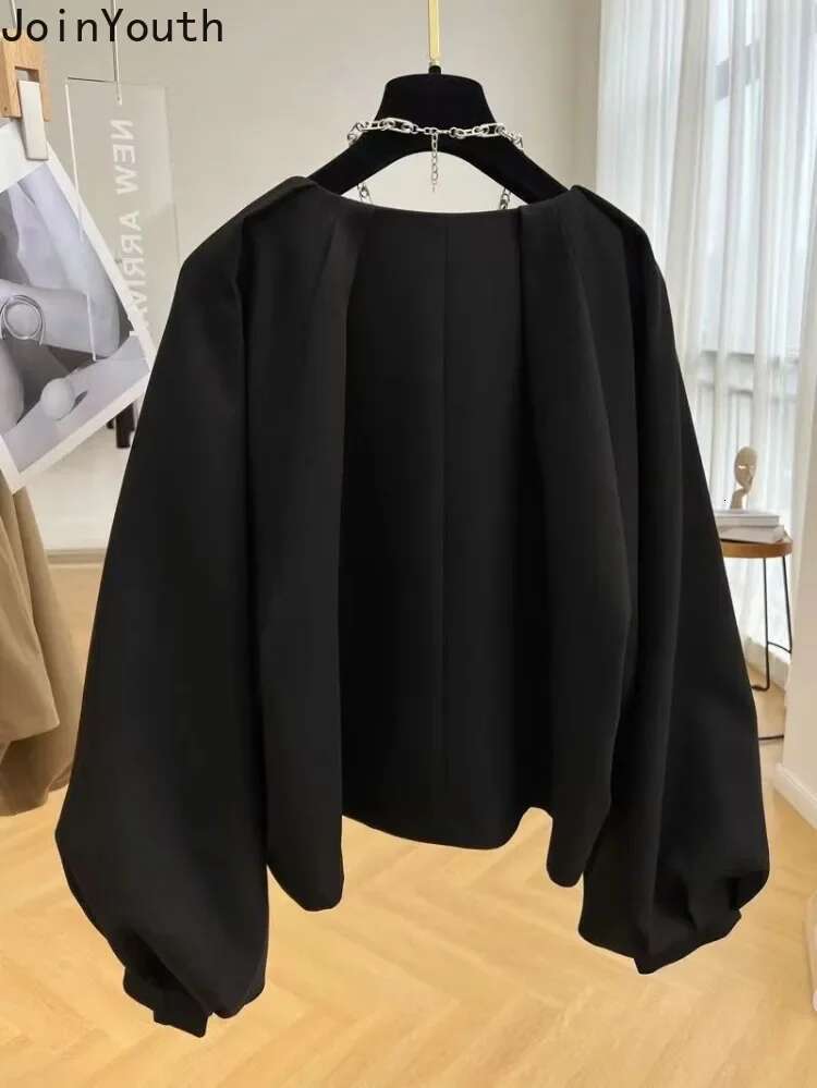 Lantern Sleeve Jackets for Women Loose O-neck Temperament Outwear Crop Tops 2025 Ropa Mujer Fashion Vintage Solid Color Coat