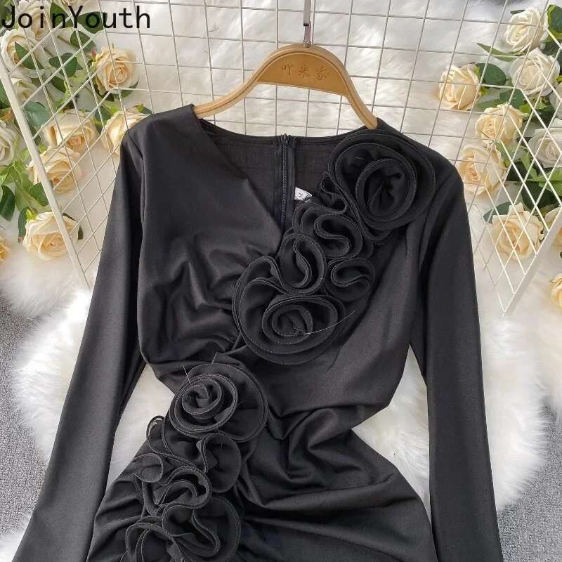 Summer Dress Women Korean Fashion Clothes Temperament Robe Femme Solid Color Split 3D Floral Maxi Dresses 2025 Vestidos De Mujer