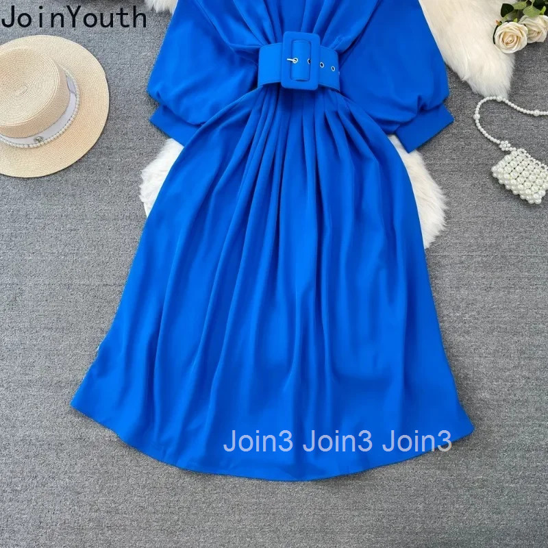 Korean Fashion Vintage O-neck Dress for Women Summer New Slim Waist A-line Tunic Dresses Y2k Long Sleeve Loose Vestidos Mujer